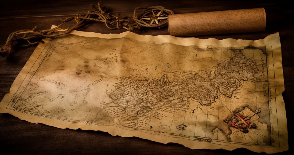 "X marks the spot" on an old pirate map showing the location of treasure amidst illustrations of ships, sea monsters, and islands.