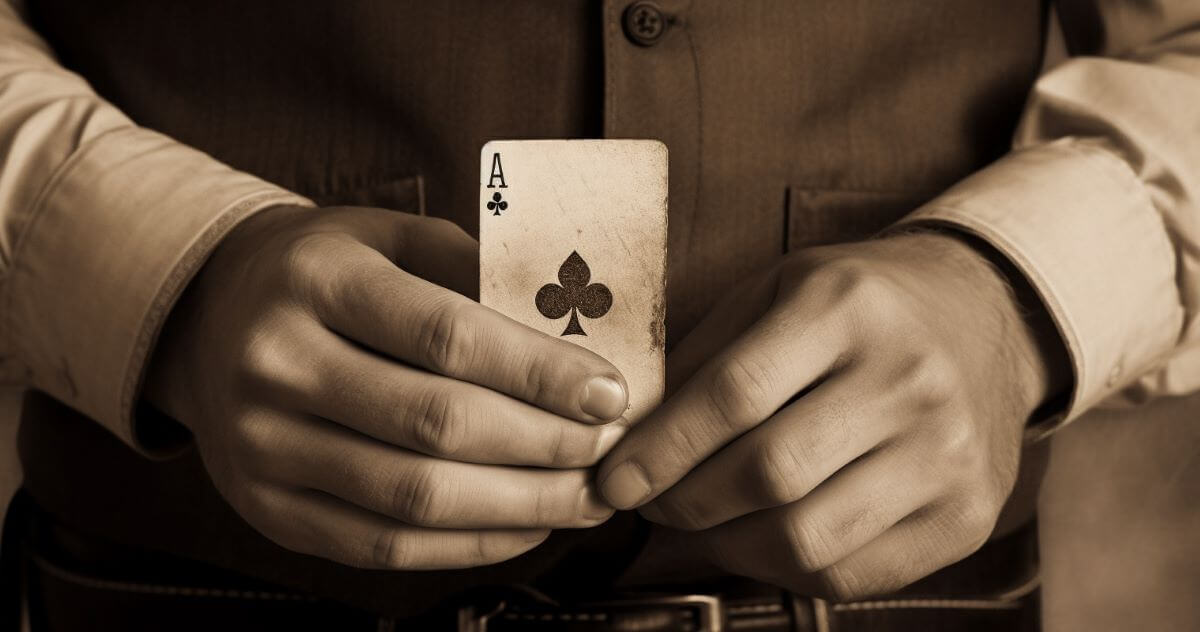 Vintage-style photo of a person holding an Ace card in their hands, symbolizing the phrase 'Ace in the hole.'