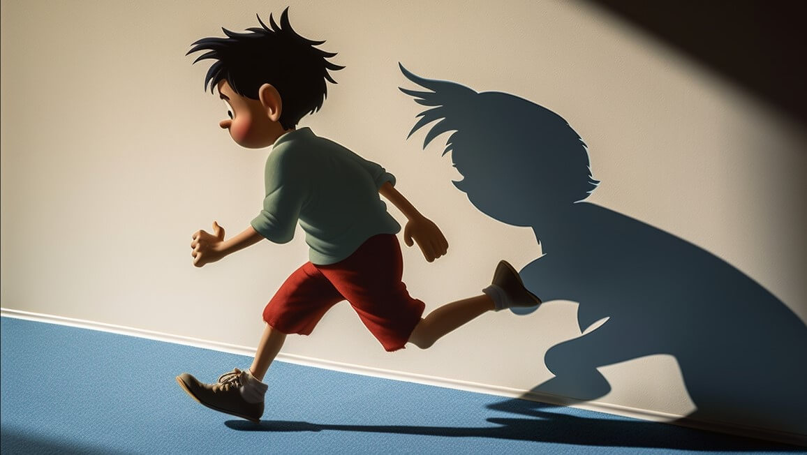 Cartoon of a boy running away from his shadow, symbolizing the expression 'afraid of one's shadow.