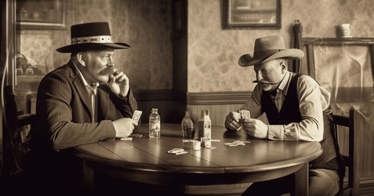 Vintage photograph of two men playing poker in the 1800s, representing the expression 'call someone's bluff.'