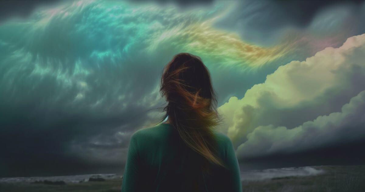 Image of a woman looking at an oncoming storm with dark clouds, representing the phrase 'calm before the storm.'