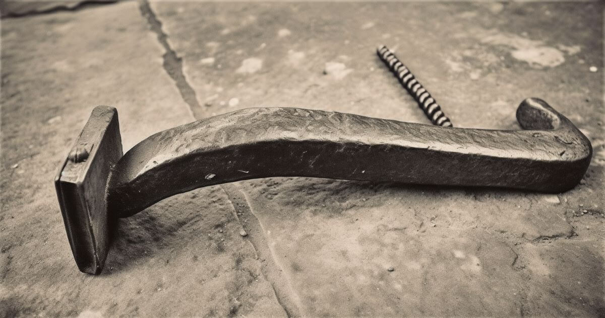 An old photograph of a bent and unusable doornail lying on the ground.