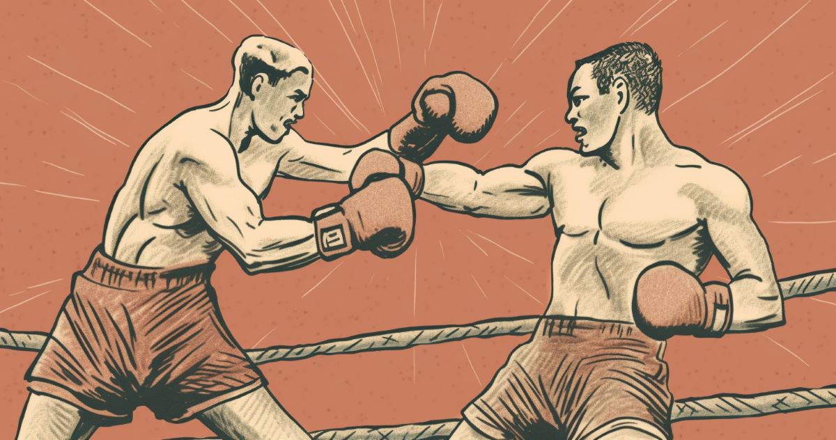 An old style cartoon depicting two boxers with one leaning on the ropes of the boxing ring.