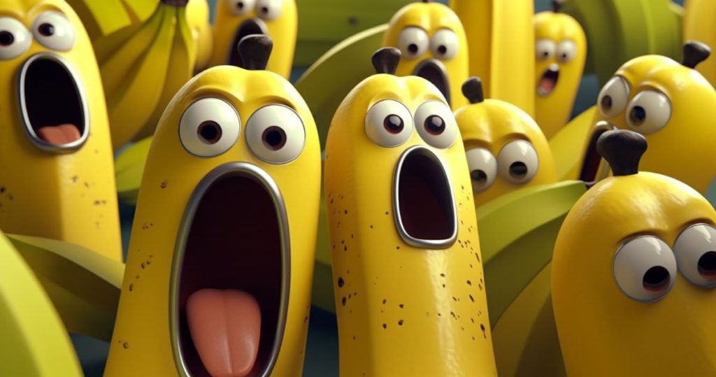 Cartoon of a bunch of bananas making crazy faces, representing the phrase "go bananas."