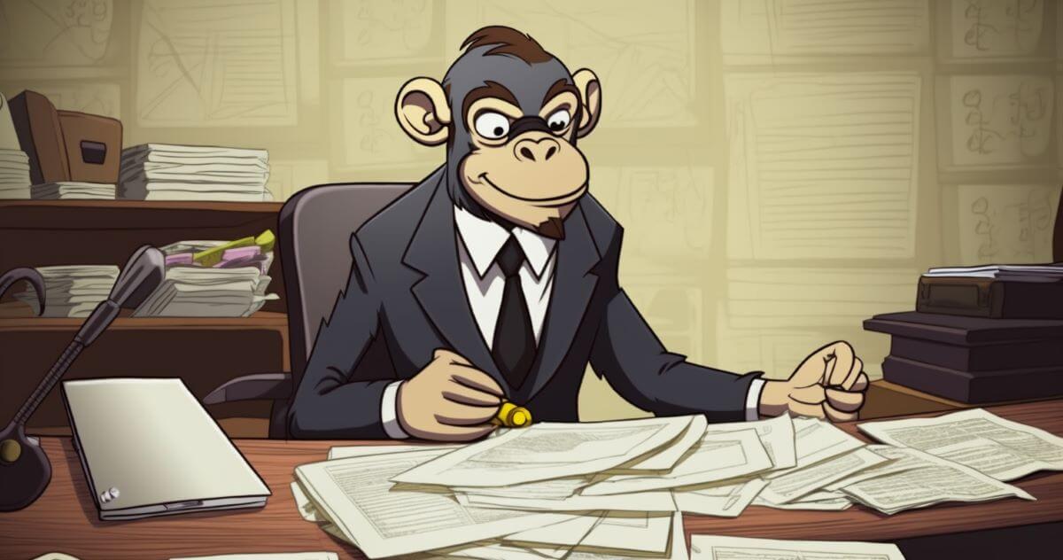 A cartoon monkey in a suit with a sly expression, perhaps up to some monkey business.