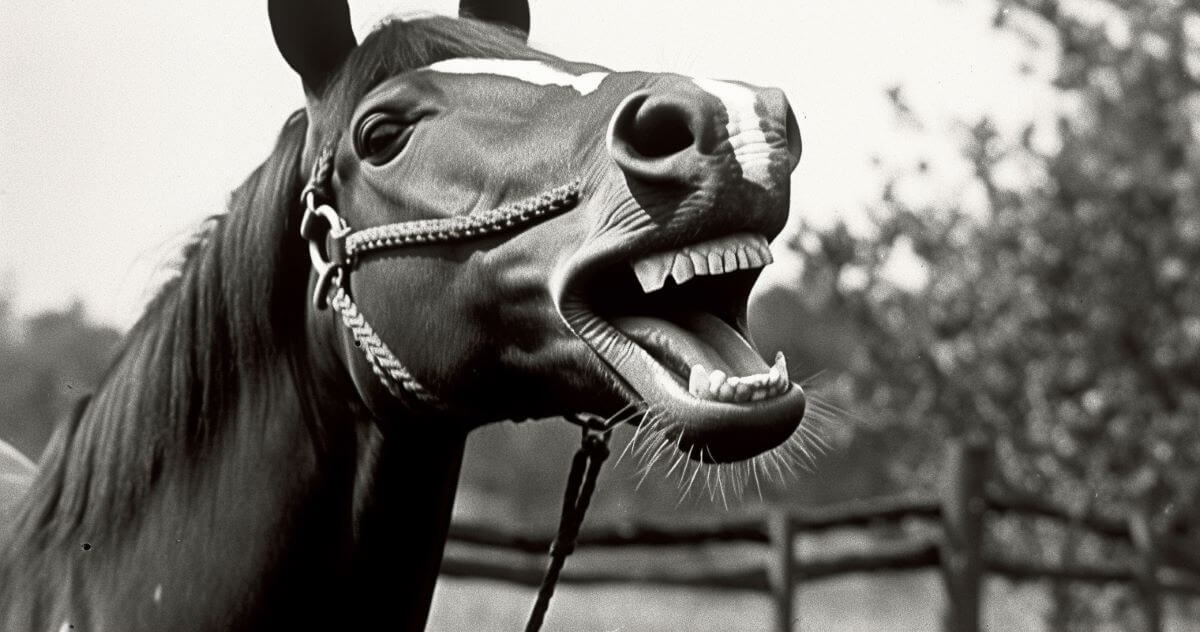 Black and white photograph of a horse, possibly long in the tooth, showing its teeth.