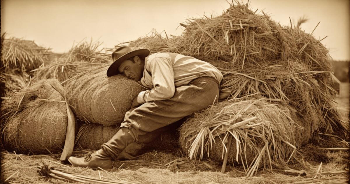 An 1800s style image of a farm hand who has hit the hay, sleeping soundly on a pile of hay.