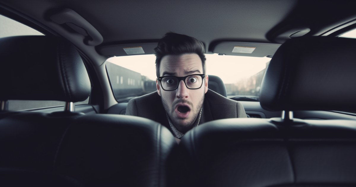 An illustration of a surprised man in the backseat of a car, symbolizing the annoying backseat driver trope. Learn about the origin and history of this term on our blog.