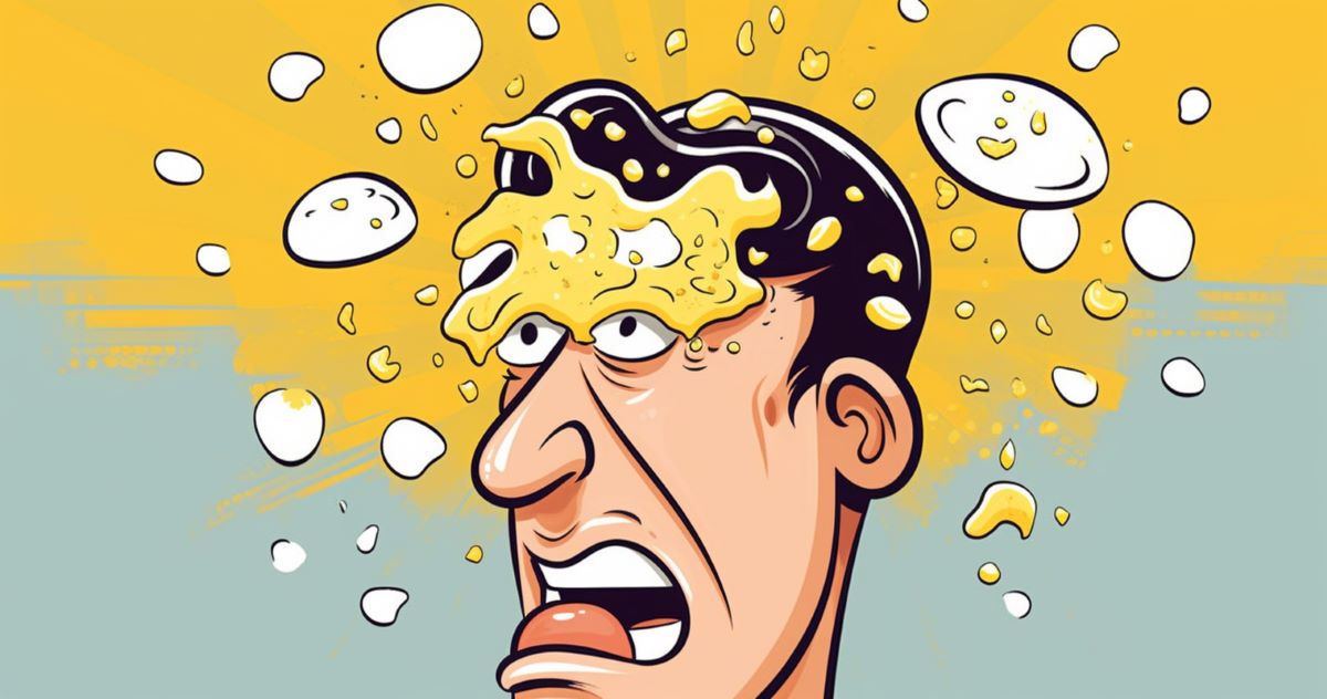A cartoon of a man with an egg breaking on his head representing the phrase 'egg on your face.'