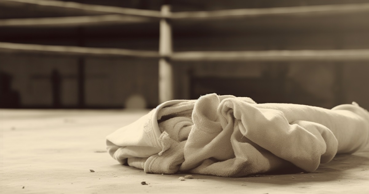 A white towel lying on the floor of a boxing ring.