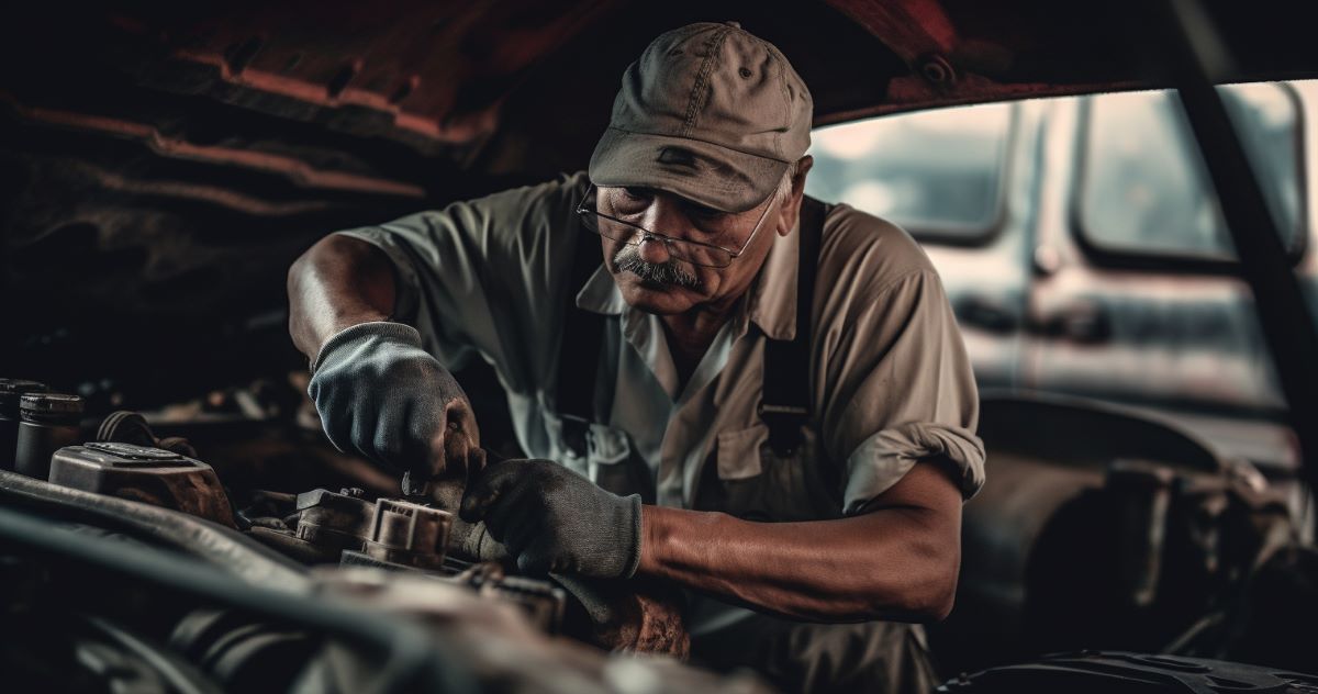 A man wearing a gray shirt and hat and black gloves is working under the hood of a car engine, using a bit of elbow grease to fix it.