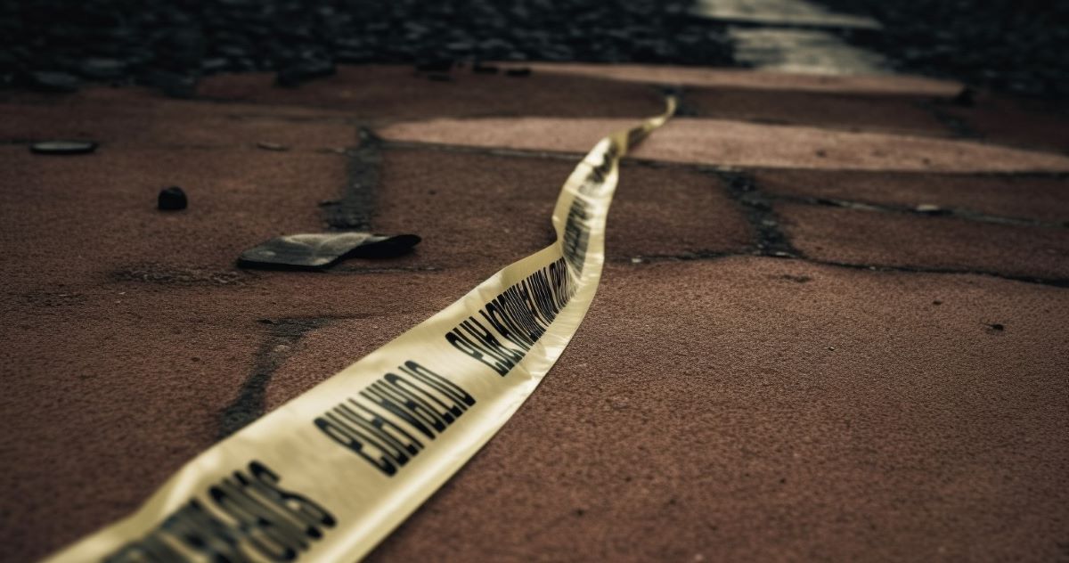 A strip of yellow crime scene tape on the floor representing the phrase "get away with murder."